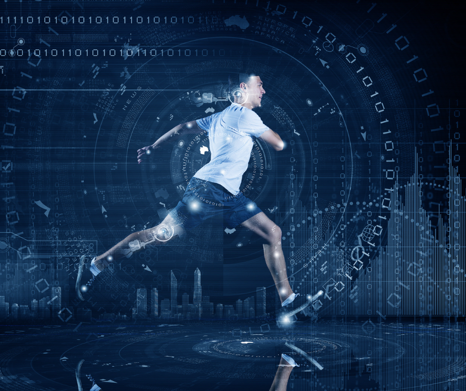 man running with data graphics